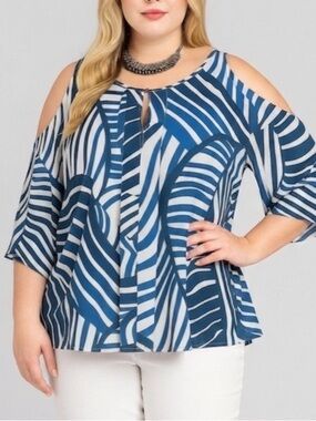 GRACE Blue White Striped Cold Shoulder Blouse Plus Size XL